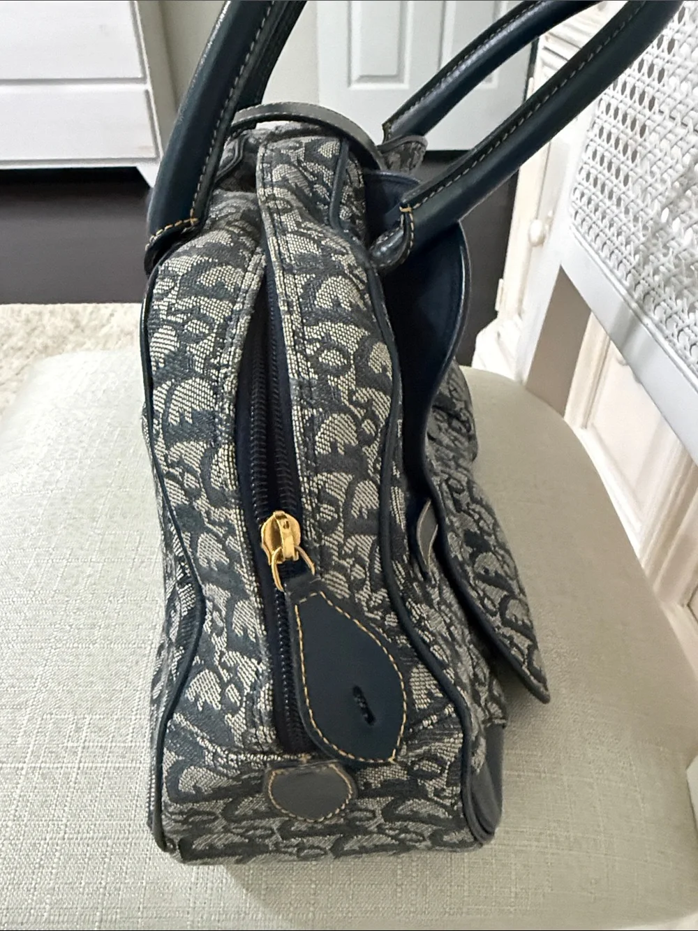Dior Navy and Grey Jacquard Satchel with Gold 'D' Hardware